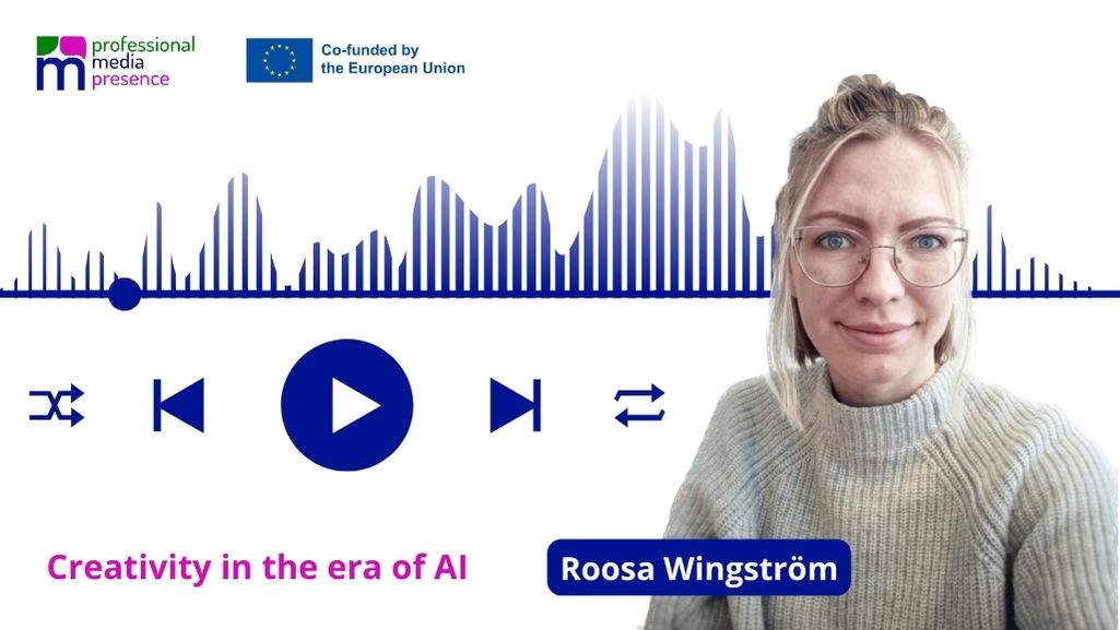 Podcast cover photo with white backround, horisontal soundback and image of a woman