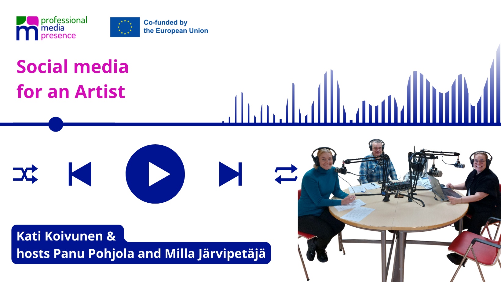 Cover image for podcast with 3 people sitting in a studio around a table with microphones and headphones.